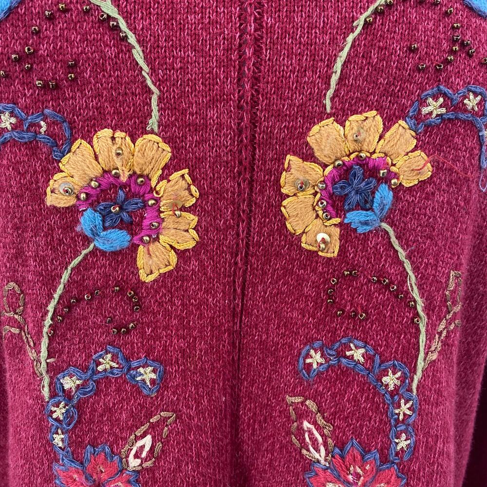 Vintage 90s Embroidered Floral Sweater Turtleneck Cotton Ramie Fringe Hem Large - Picture 3 of 8